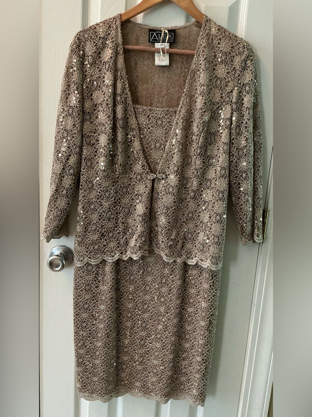 Alex Evenings Champagne Sequin Lace Two-Piece Dress Set